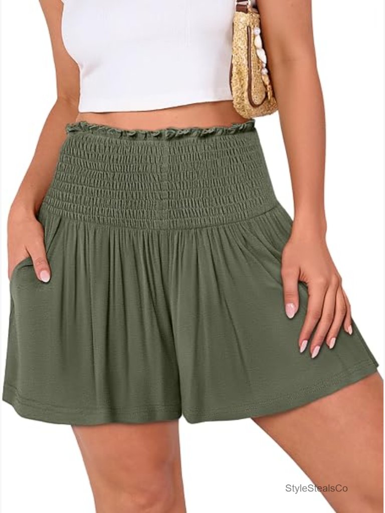 High Waist Smocked Shorts, Wide Leg Elastic Drawstring Flowy Baggy Summer Beach